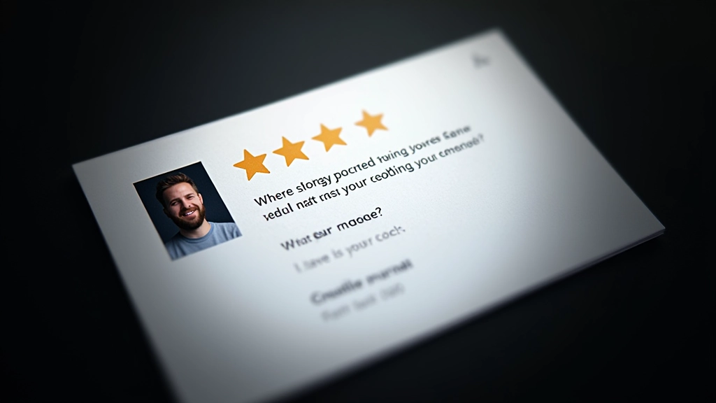 Nahaufnahme einer Bewertungskarte mit fünf Sternen und Kundenfoto auf strukturiertem Hintergrund