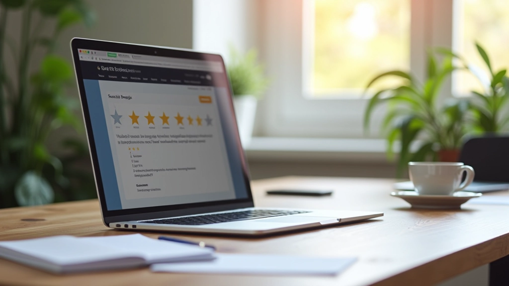 Modernes Büro mit Laptop und Notizen zur Bewertungsgestaltung auf Schreibtisch