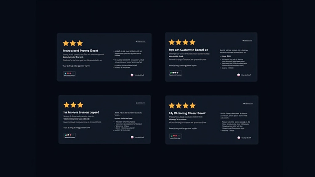 Moderne Website mit Kundenbewertungen und Testimonial-Karten in eleganter Anordnung auf dunklem Hintergrund